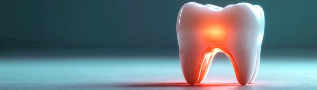 Glossy white molar standing on reflective surface with glowing red root area indicating pain and clinical concern against a cool blue background