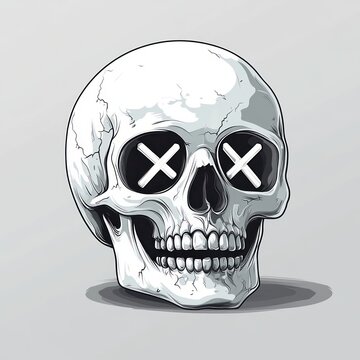 grinning cracked human skull illustration with crossed-out eye sockets and dark x marks, monochrome shading and shadow, eerie playful macabre expression