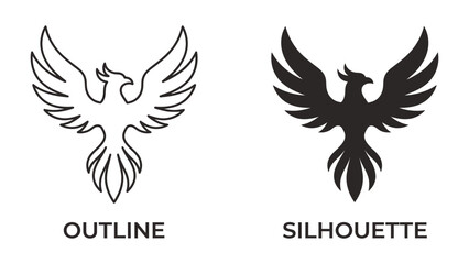 Naklejka premium Phoenix Symbol: A stylized phoenix depicted in both an outline and a solid silhouette, representing rebirth, resilience, and power.