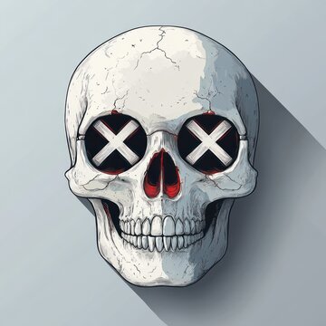Cracked white skull with black eye sockets marked by white Xs, red nasal cavity and bared teeth in an eerie macabre grin, casting a long shadow on a pale background