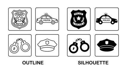Police Uniform and Equipment Icons: A collection of outline and silhouette icons depicting a police badge, patrol car, handcuffs, and peaked cap, representing law enforcement symbols. © sifu