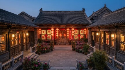 Fototapeta premium Traditional Chinese courtyard illuminated by red lanterns at dusk