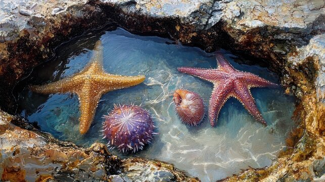 tranquil tide pool with two starfish, two sea urchins and a small shell nestled in a rocky crevice