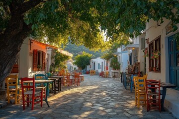 Obraz premium Sunlit cobblestone village alley lined with whitewashed houses and colorful wooden tables and chairs under a large leafy tree, peaceful warm and inviting atmosphere
