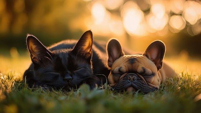 black cat and fawn french bulldog napping side by side on sunlit grass at golden hour with warm bokeh, peaceful cozy companionship