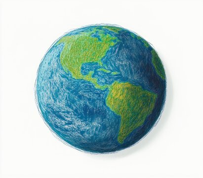 textured colored-pencil illustration of the planet earth showing north and south america over deep blue oceans, calm and peaceful on a white background