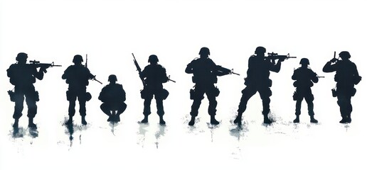 Naklejka premium Row of armed soldier silhouettes in varied combat stances, standing, kneeling and aiming with mirrored reflections, evoking readiness, tension and unity