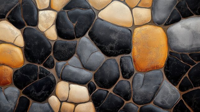 tactile mosaic of smooth black, gray, beige and ochre river stones set in dark grout with polished yet weathered surfaces, organic irregular shapes conveying a warm, calming, grounding mood