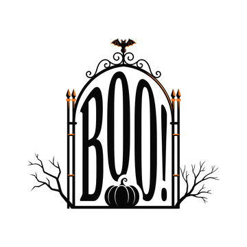 Spooky halloween boo text design with iron gate pumpkin and bat illustration