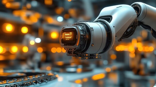 close-up of a futuristic robotic arm end effector with sensor display over a circuit board on an assembly line, warm orange lights and a focused precise atmosphere