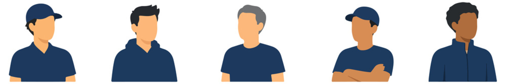 Set of diverse men avatar portraits in flat style with blue clothing