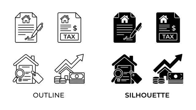 Real Estate Icons: A set of four icons representing real estate transactions, including property tax forms, a magnifying glass over a house, and financial growth charts.