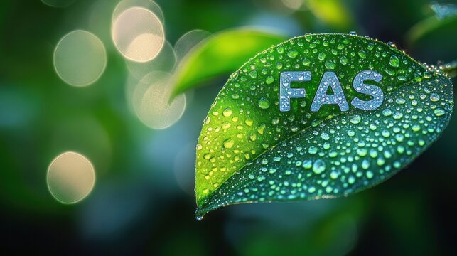 Close-up of a green leaf covered in dew drops with the letters FAS on its surface, soft bokeh lights in the background conveying freshness and calm natural serenity