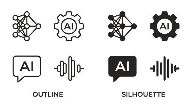 Artificial Intelligence Icons: A collection of stylized icons representing artificial intelligence, including neural networks, gears, speech bubbles with AI, and sound waves.
