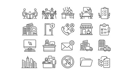 Fototapeta premium Business office operations and company management line icon set featuring workplace situations administration security logistics customer service and conference meeting symbols vector illustration