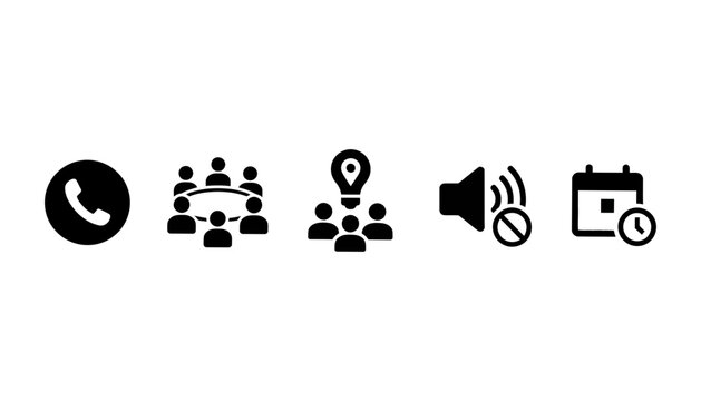 Business and office icon set with telephone button team meeting roundtable creative brainstorming group with lightbulb sound volume mute calendar vector illustration