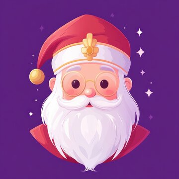 jolly elderly bearded man with white beard, rosy cheeks and round glasses wearing a red festive hat with gold ornament and pompom, smiling on a purple starry background