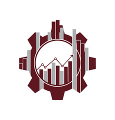 Fototapeta premium Abstract business logo design featuring a gear cog with financial growth bar charts and an upward trend arrow.
