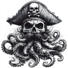 Fototapeta premium menacing pirate skull with flowing octopus tentacle beard and curled mustache wearing a weathered tricorne hat with skull and crossbones, detailed monochrome ink illustration
