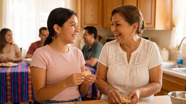Hispanic Heritage Month fiesta features a grandmother and granddaughter making empanadas in kitchen for banner