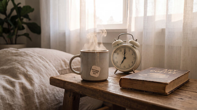 Steaming coffee mug and alarm clock on a rustic bedside table at sunrise, soft curtains is ideal for National Coffee Day morning routine wallpapers