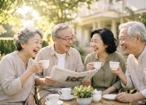 Elderly Asian friends laughing together while drinking tea and reading newspaper outdoors