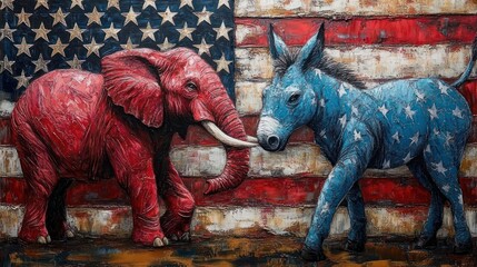 Obraz premium Textured painting of a red elephant and a blue donkey with white stars facing each other before a weathered flag in a tense standoff