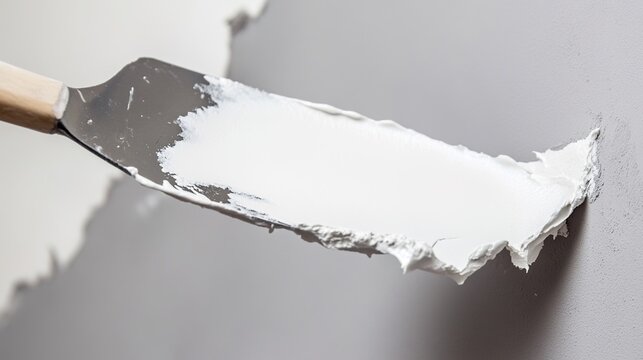spackling. A putty knife spreading white paste over a dent in a grey wall. real-estate listings, architecture portfolios, designed for real-estate listing and luxury residence showcases.