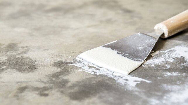 spackling. A putty knife spreading white paste over a dent in a grey wall. real-estate listings, architecture portfolios, designed for real-estate listing and luxury residence showcases.