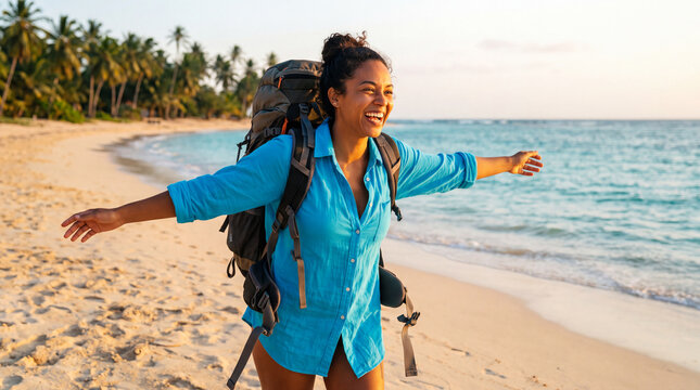 World Tourism Day features a mixed race female backpacker in a blue shirt running joyfully along a tropical beach for World Tourism Day ads