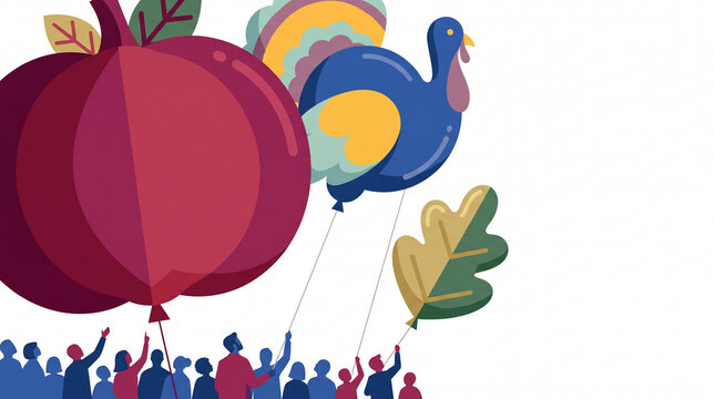 Colorful Thanksgiving parade balloons with apple and turkey  
