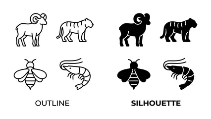 Fototapeta premium Outline and Silhouette Animal Icons: A set of graphic icons featuring the outline and silhouette of a ram, tiger, bee, and shrimp.