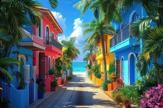 Sunlit tropical lane of colorful seaside houses with balconies, palm trees and lush potted plants leading to a calm turquoise ocean, cheerful and inviting atmosphere