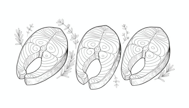 Three fresh raw salmon steaks with detailed hand-drawn textures and aromatic herbs perfect for seafood restaurant menus.
