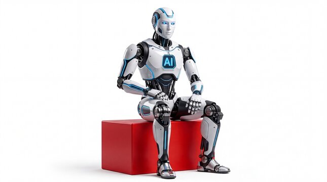 Futuristic humanoid robot with glowing blue accents sitting on a red cube on white background