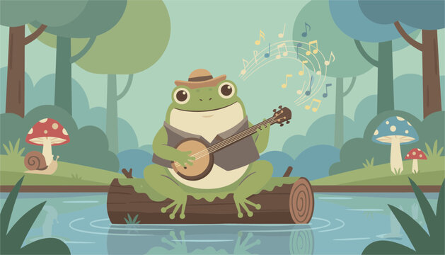 Cheerful cartoon frog wearing a vest and hat sits on a log in a forest pond while playing a banjo with music notes.
