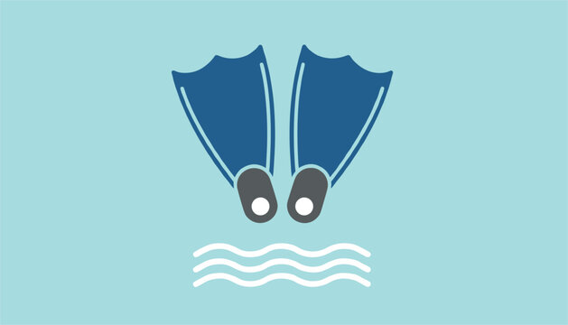 Pair of professional blue swimming flippers diving into water with wavy white lines against a light blue background.