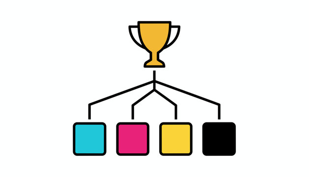 Tournament championship bracket flat icon with a golden trophy on top connected to colorful block participants.