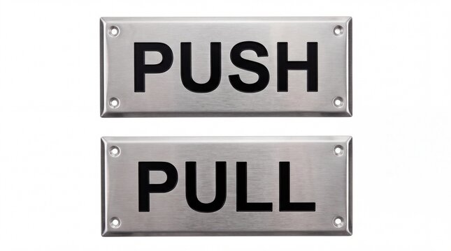 Brushed stainless steel metal door plates featuring clear bold black text push and pull on white background