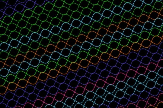 Colorful neon wireframe grid pattern on black background