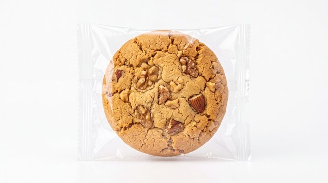 Delicious round nut cookie sealed inside clear plastic packaging sitting isolated on white background