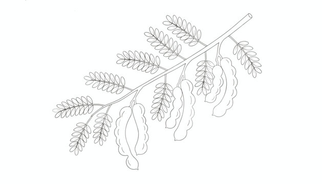 Hand drawn tamarind tree branch with compound leaves and organic seed pods in black and white botanical sketch.