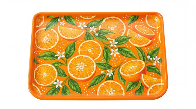 Decorative rectangular tray featuring vibrant citrus fruit slices and white blossoms on white background