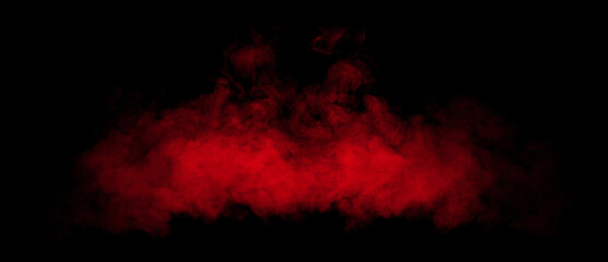 Abstract red smoke cloud isolated on black background, creating a dramatic atmospheric texture for backgrounds, overlays, advertising, fantasy design, cinematic effects, energy, mystery. © wanchai peatoo