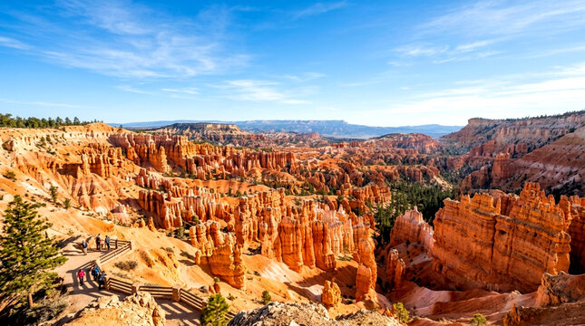 Panoramic view of breathtaking canyon hoodoos and rock formations under blue sky
