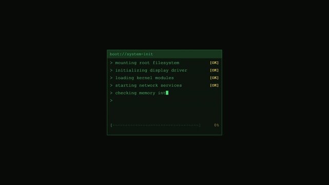 Retro Terminal Boot Loading Animation with Green CRT Console, Typing Code Lines and ASCII Progress Bar for Computer Technology Background