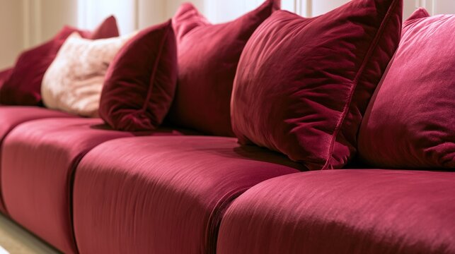 shamelessness. A plush wine-red velvet banquette with decorative pillows, soft ambient lighting. real-estate listings.
