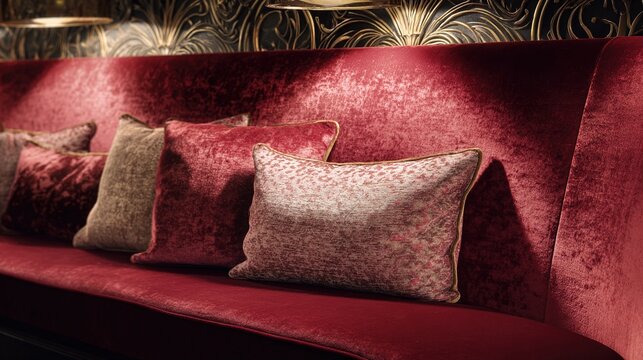 shamelessness. A plush wine-red velvet banquette with decorative pillows, soft ambient lighting. real-estate listings.