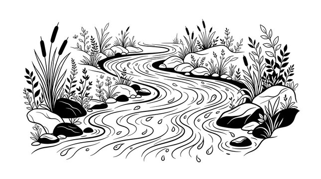 Black and white ink illustration of a winding river stream with rocks and reeds.