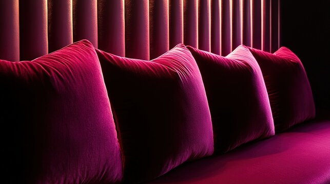 shamelessness. A plush wine-red velvet banquette with decorative pillows, soft ambient lighting. real-estate listings.